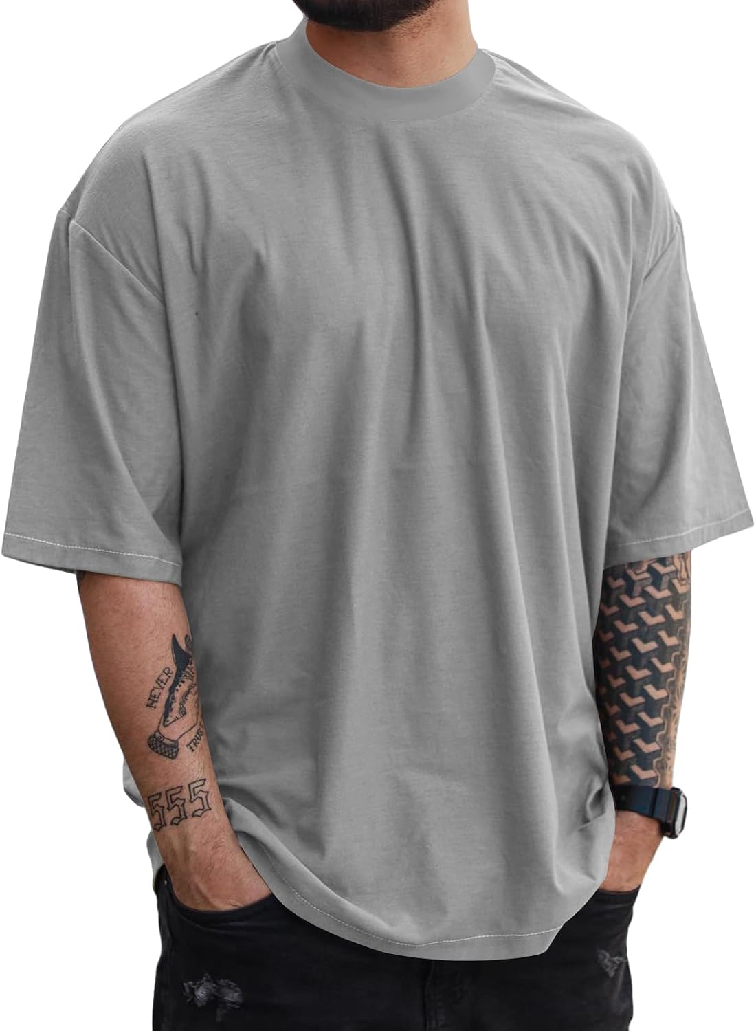 Mens Oversize Short Sleeve Tshirts Workout Drop Shoulder Relaxed Fit Tees - Grey