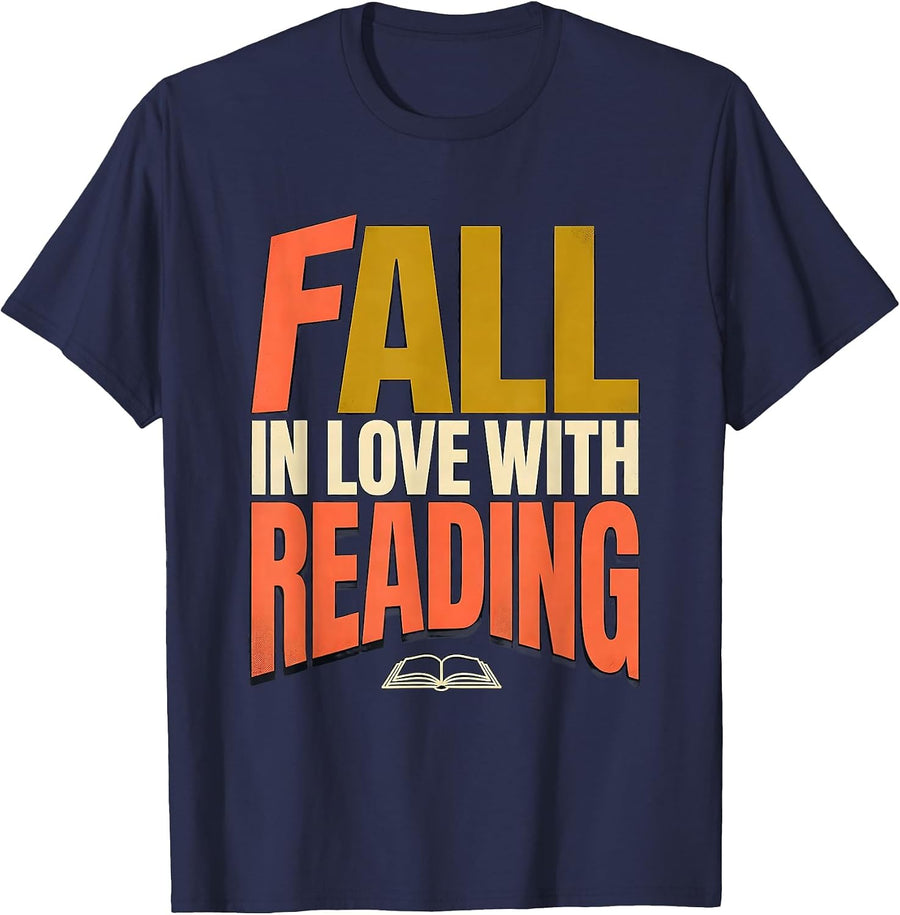 Fall In Love With Reading Midcentury Modern Teacher Book T-Shirt - Navy Blue