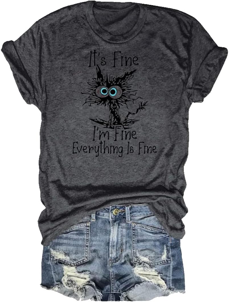 Women's Cat Graphic Tee I'm Fine Everything is Fine Short Sleeve top - 00 Dark Grey