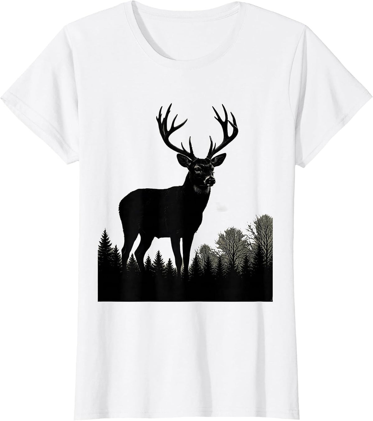 Buck Deer Silhouette Misty Treeline Hunting Design T-Shirt - White