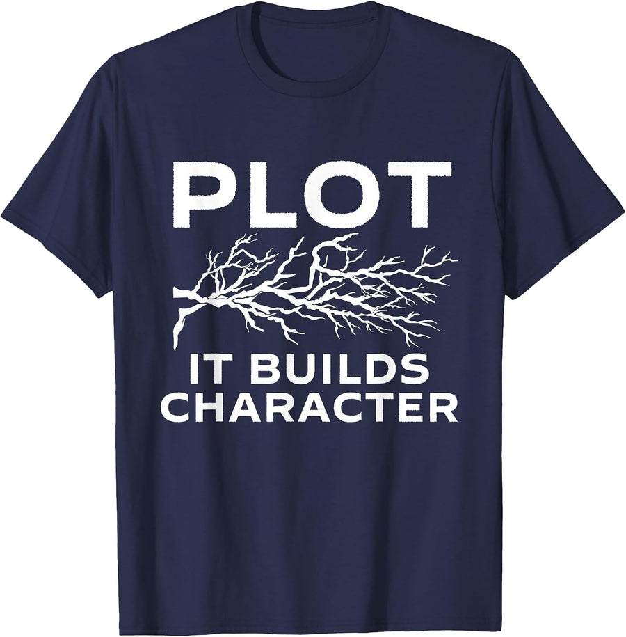 Plot It Builds Character - Book Lovers Reading Bookworm T-Shirt - Navy Blue
