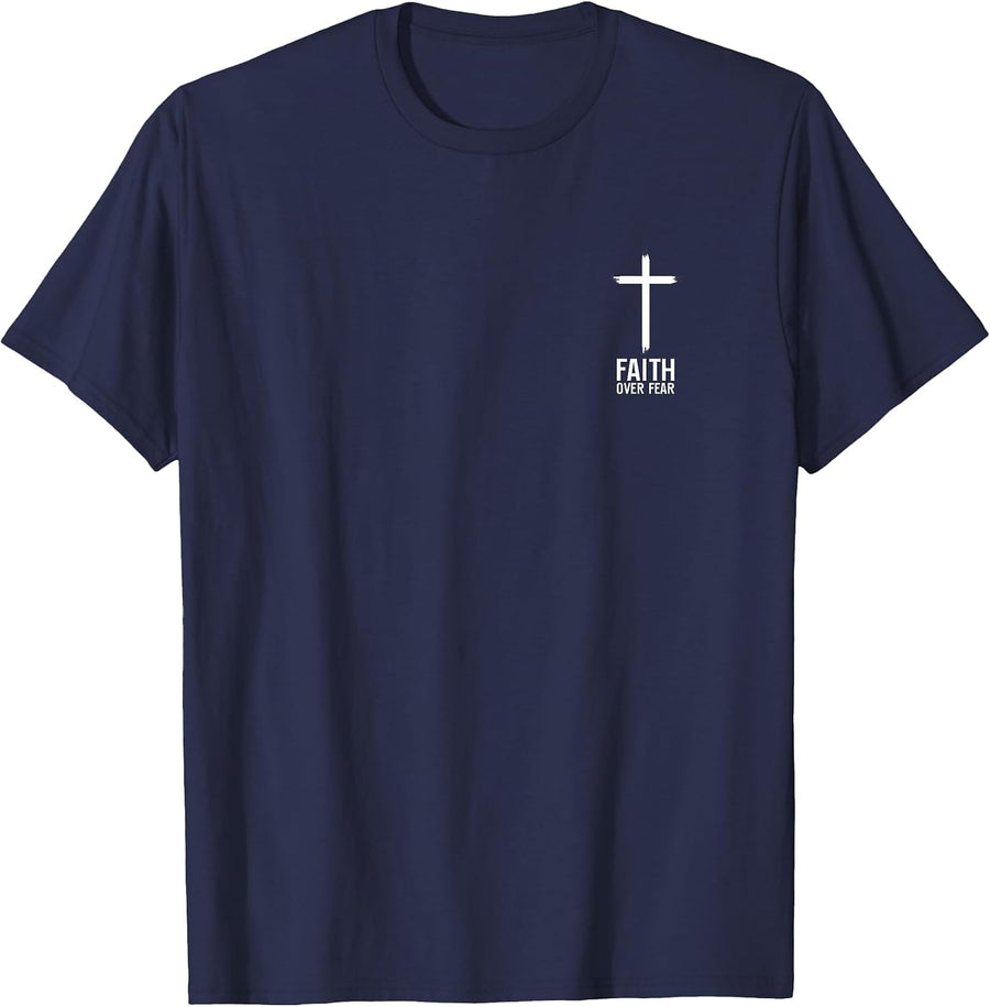 Faith Over Fear Small Cross Christian Minimalist Religious T-Shirt - Navy Blue