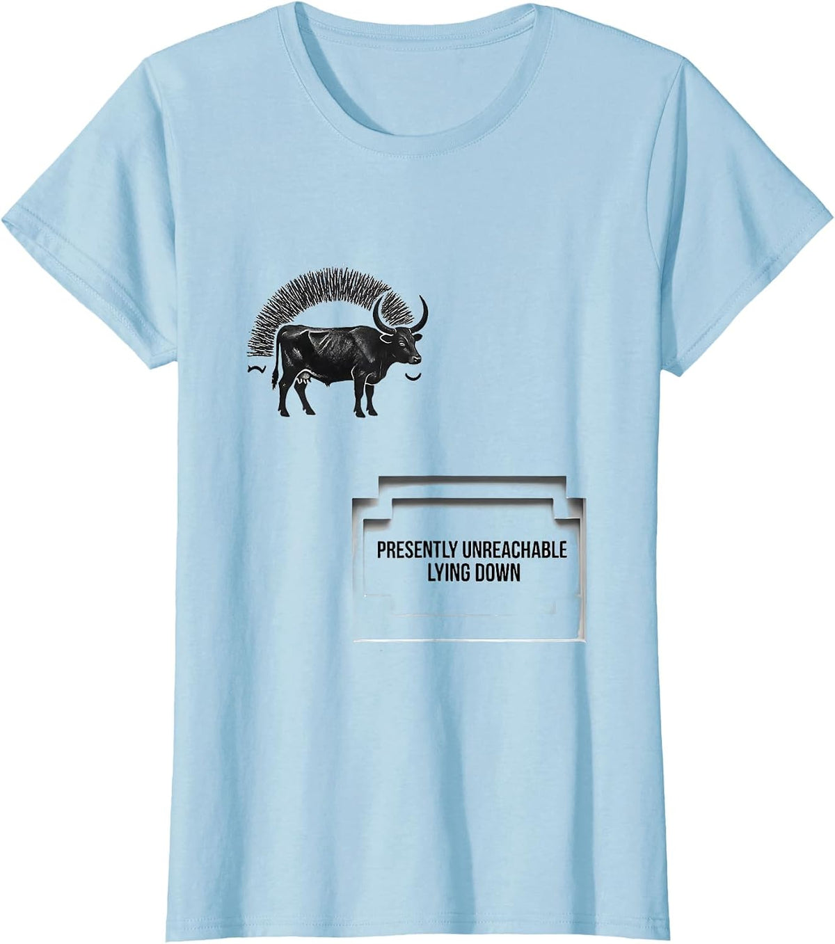 Presently Unreachable Lying Down Minimalist Highland Cow T-Shirt - Baby Blue