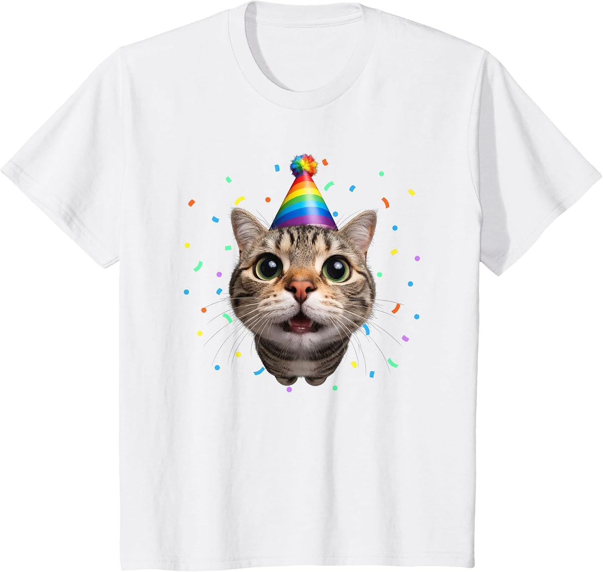 Funny Tabby Cat Face Rainbow Party Hat Cute Birthday Kitty T-Shirt - White