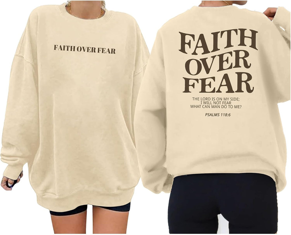 Oversized Christian Sweatshirt Women Faith Over Fear Sweater Top - Apricot