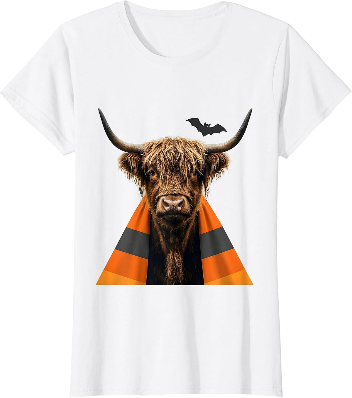 Women's Shaggy Highland Cow Candy Corn Cape Halloween Humor T-Shirt - White