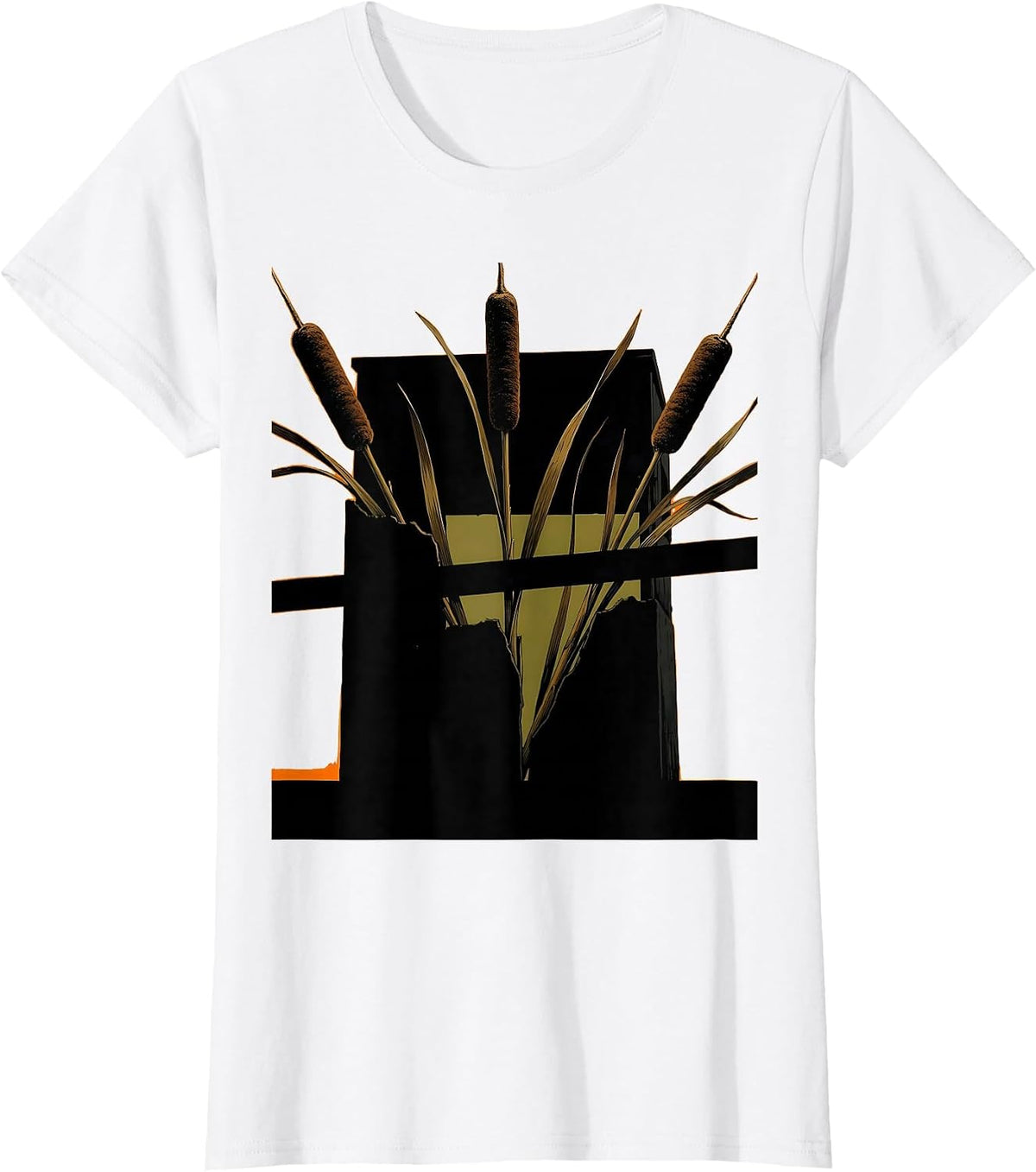 Camo Duck Blind Cattails and Reeds Illustration T-Shirt - White