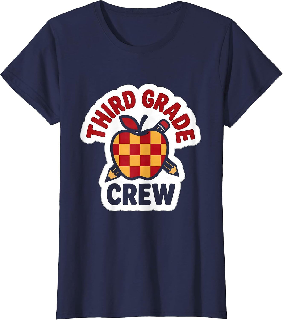 Women's Third Grade Crew Cute Teacher Pencil Apple Back To School T-Shirt - Navy Blue