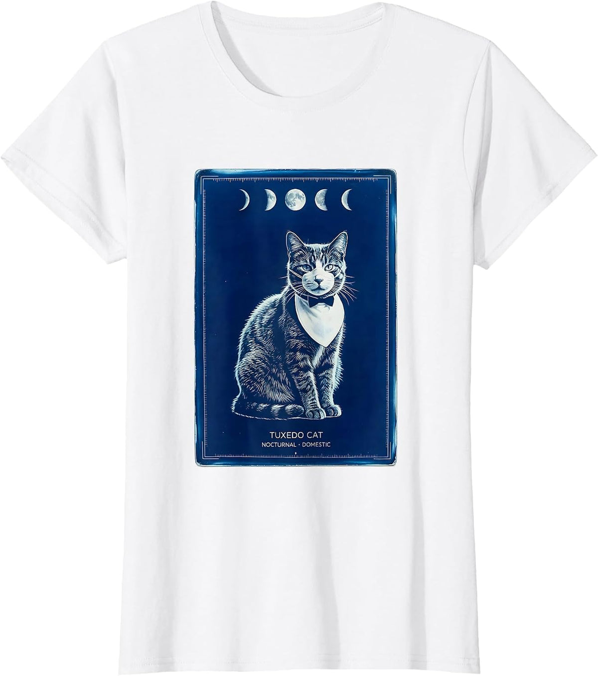 Tuxedo Cat Nocturnal Domestic 90s Retro Moonlit Portrait T-Shirt - White