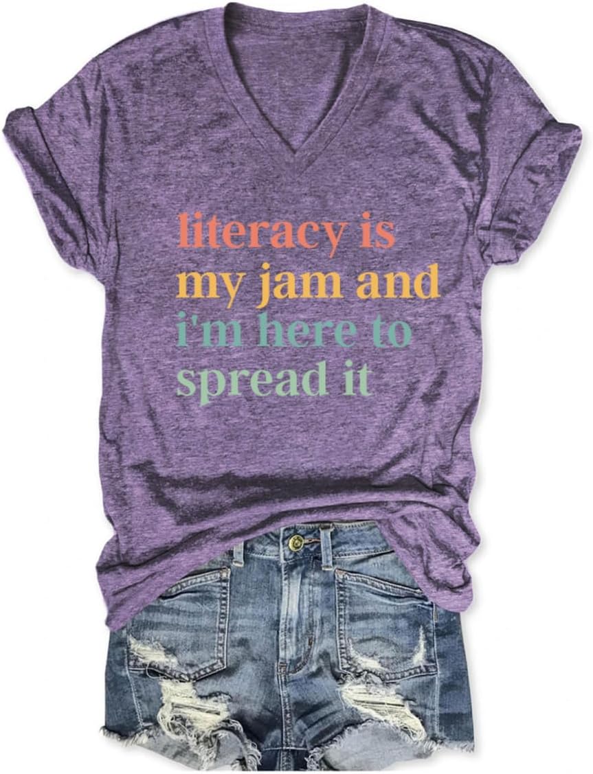 Reading Teacher Shirts Women Literacy is My Jam and I'm Here to Spread It Graphic Tees V Neck English Teacher Tshirts -