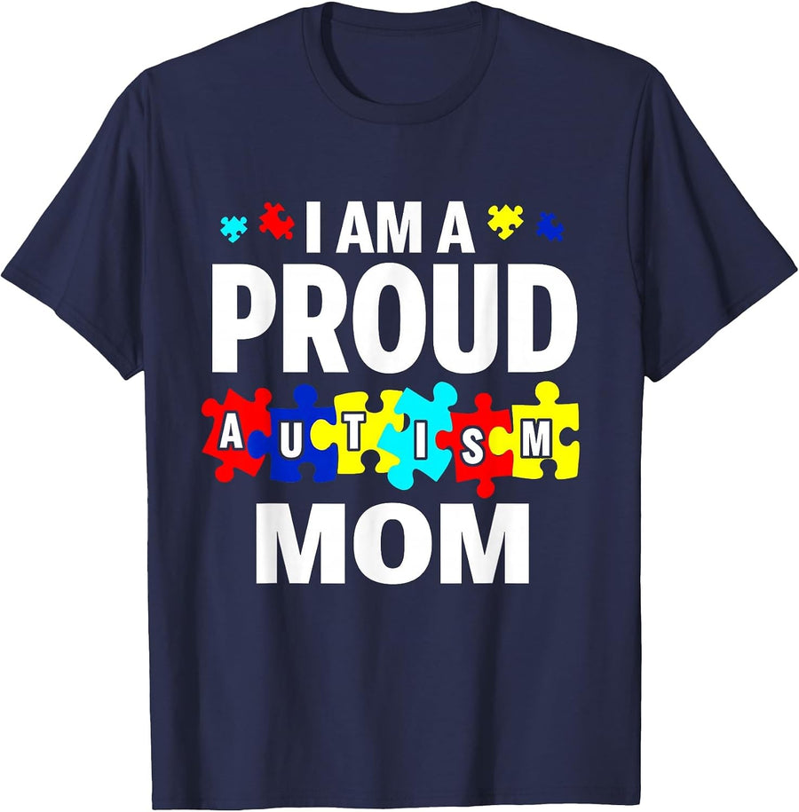 I'm A Proud Autism Mom Autism Awareness T-Shirt - Navy Blue