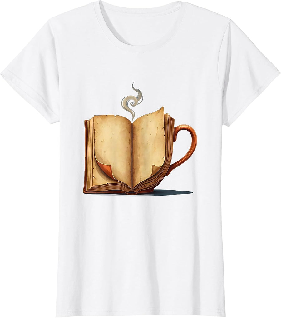 Women's English Teacher Steaming Teacup and Novel Graphic T-Shirt - White