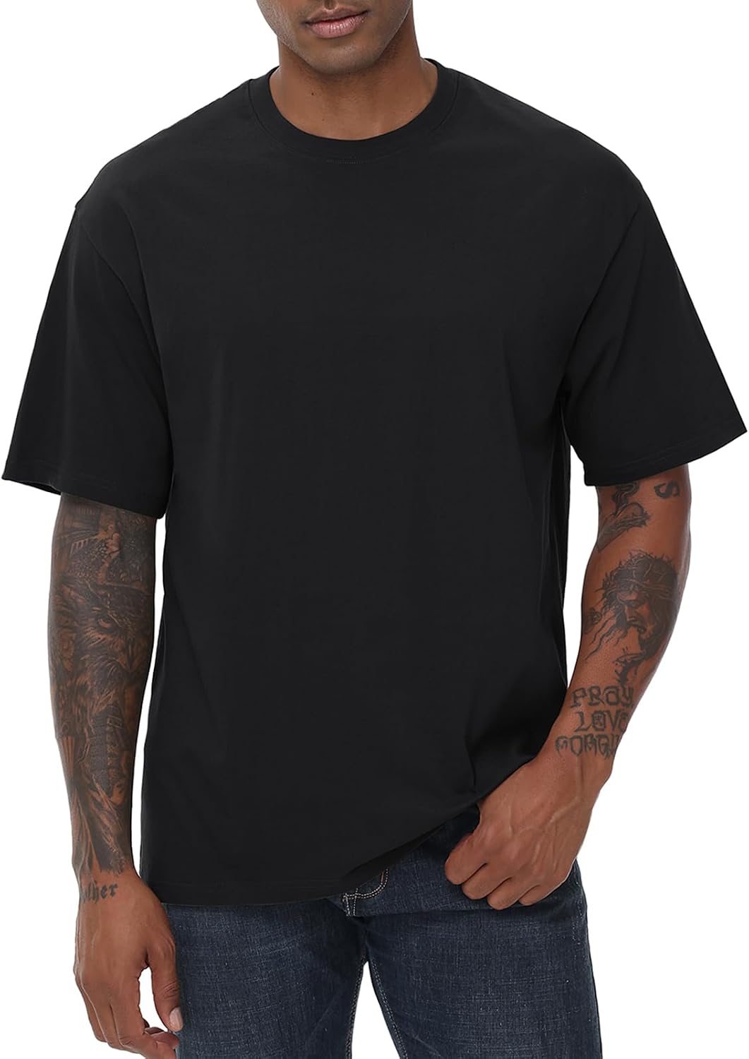 KEEPSHOWING Mens Oversized Short Sleeve T-Shirts Cotton Loose Fit Tees - Black
