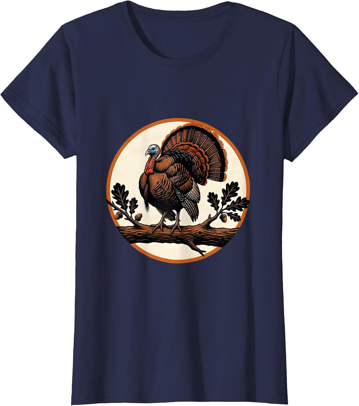 Women's Wild Turkey Perched on Oak Branch Illustration T-Shirt - Navy Blue