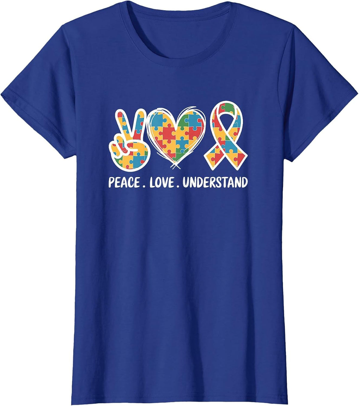 Autism Awareness Peace Love Understand Puzzle Ribbon T-Shirt - Royal Blue