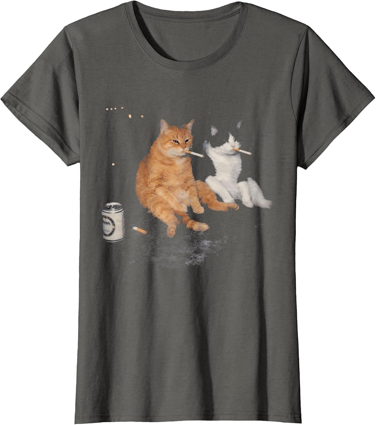 Funny 2 Smoking Cats Drinking Beer Smoking Kitten Cat Meme T-Shirt - Asphalt Grey