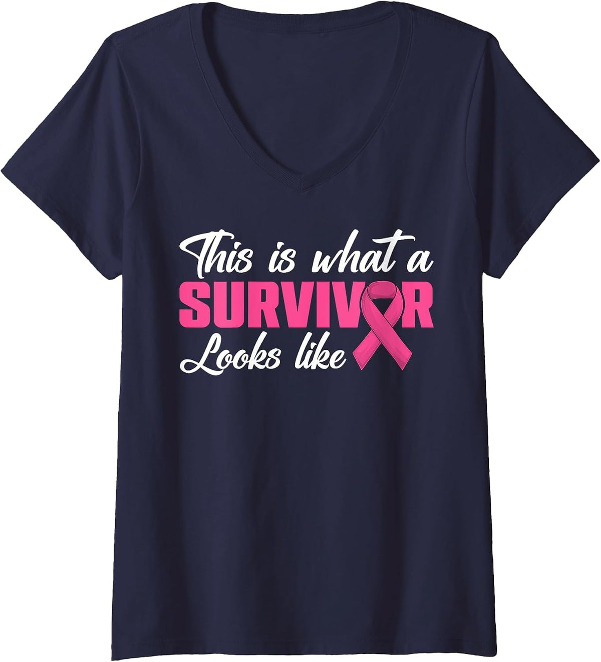 Women's This is What A Survivor Looks Like Breast Cancer Pink Ribbon V-Neck T-Shirt - Navy Blue