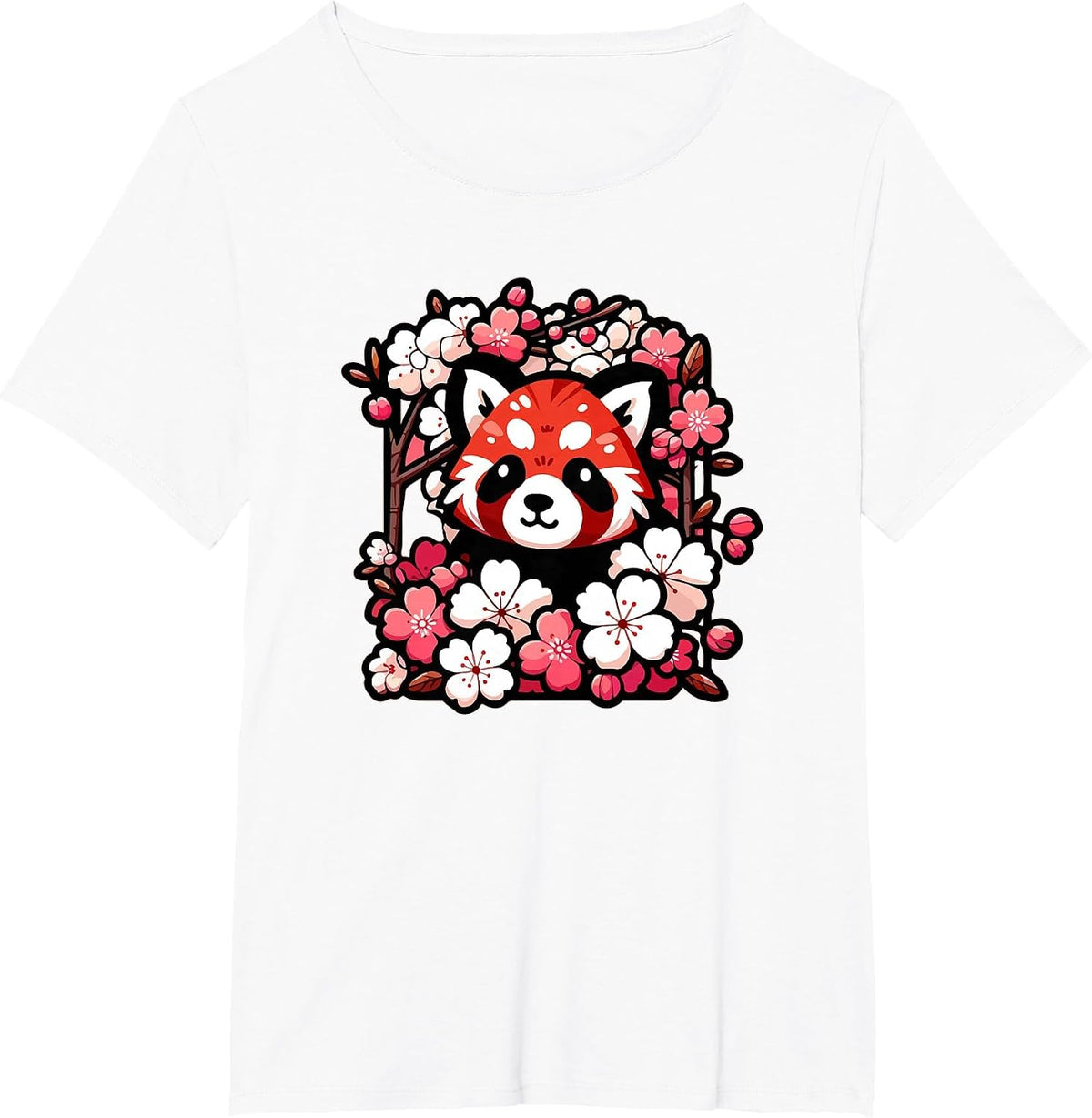 Kawaii Red Panda Japanese Cherry Blossoms Sakura Flower Art Tees T Shirts - White