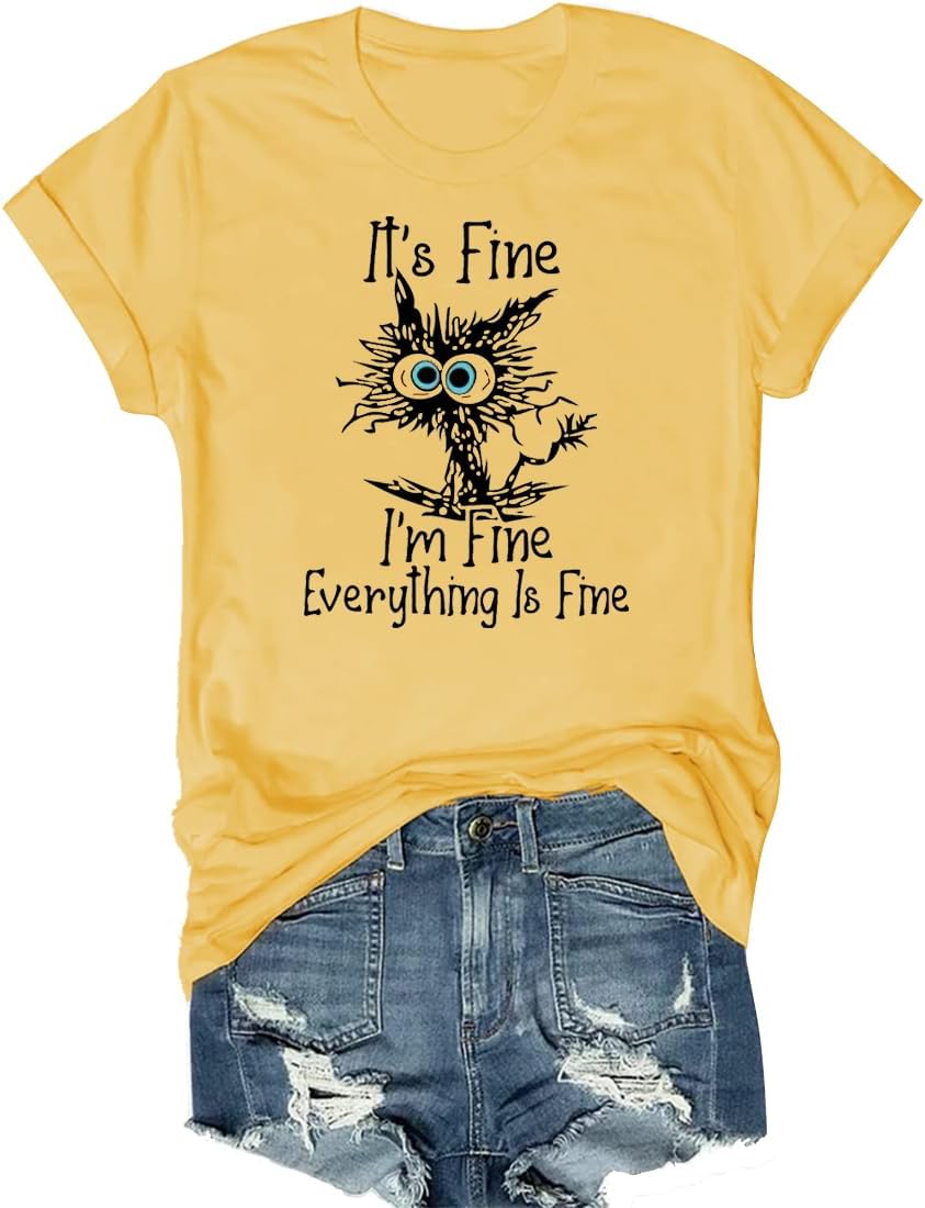 Women's Cat Graphic Tee I'm Fine Everything is Fine Short Sleeve top - 00 Yellow