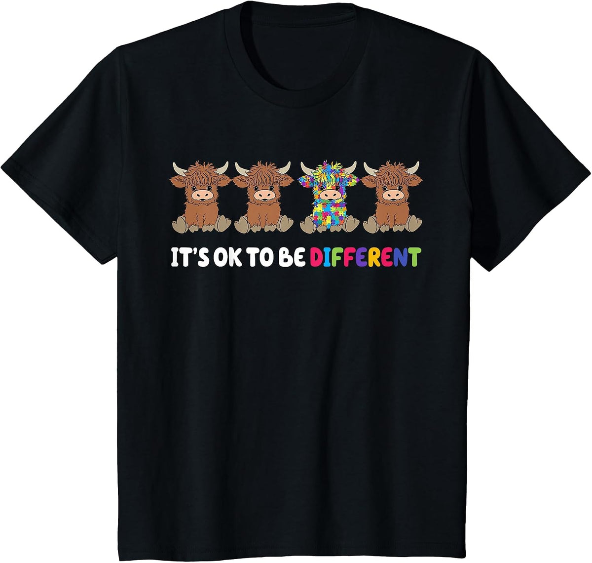 Groovy It's Ok to Be Different Cow Autism Awareness Month T-Shirt - Black