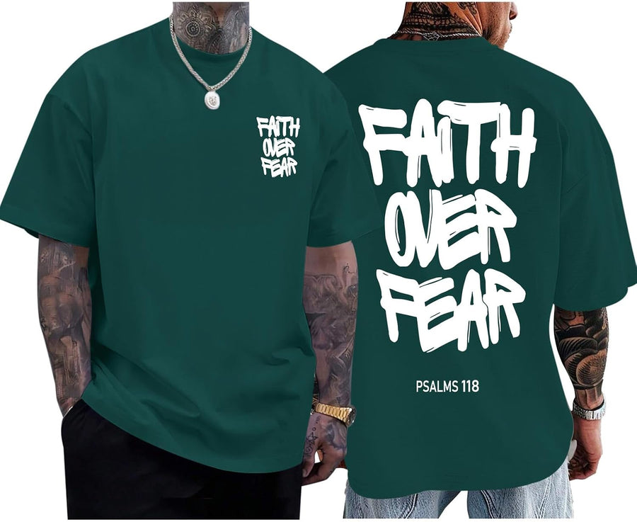 Christian Faith Over Fear Shirts for Men Jesus Religious Shirt Inspirational Oversized Graphic Tees God T-Shirt Tops - Olive