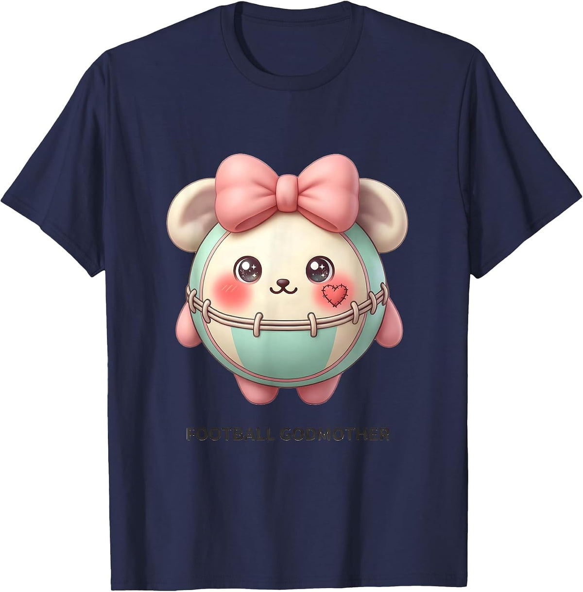 Football Godmother Cute Kawaii Coquette Bow Game Day T-Shirt - Navy Blue
