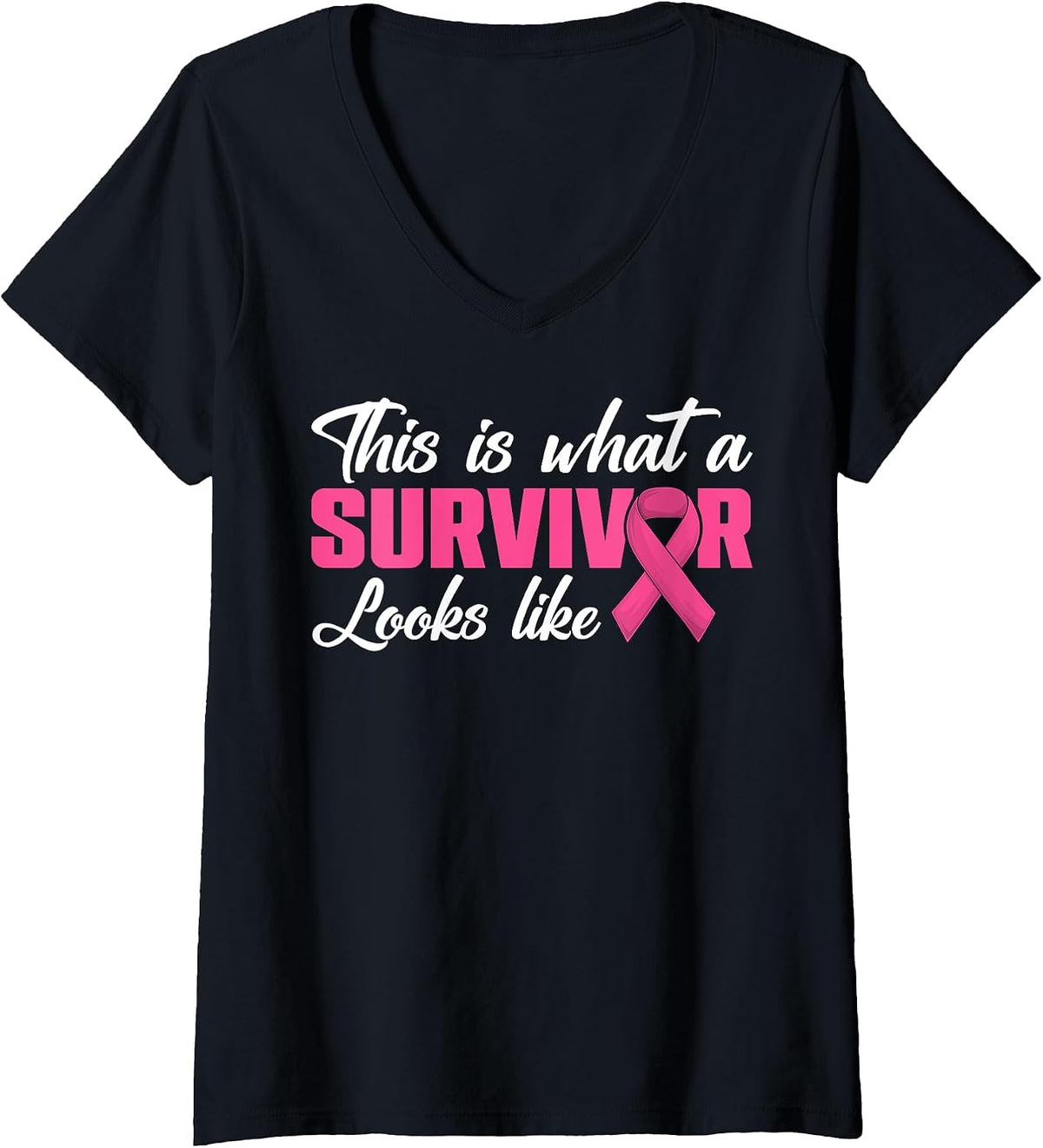 Women's This is What A Survivor Looks Like Breast Cancer Pink Ribbon V-Neck T-Shirt - Black