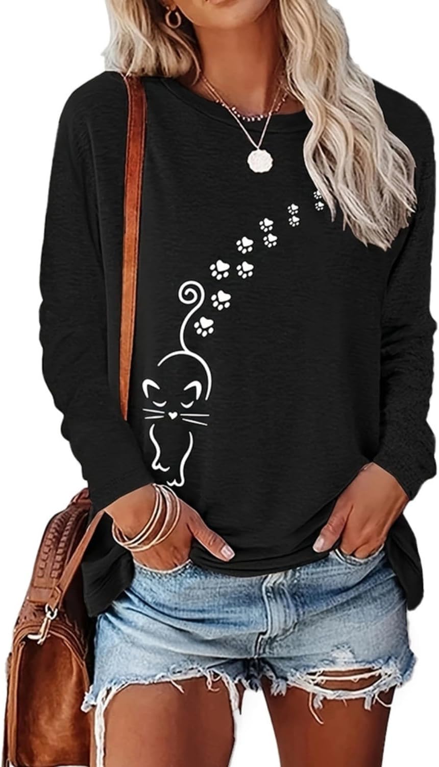 Women's Long Sleeve tees Cat Mom Graphic Tee Shirts Pullover Tops - Black