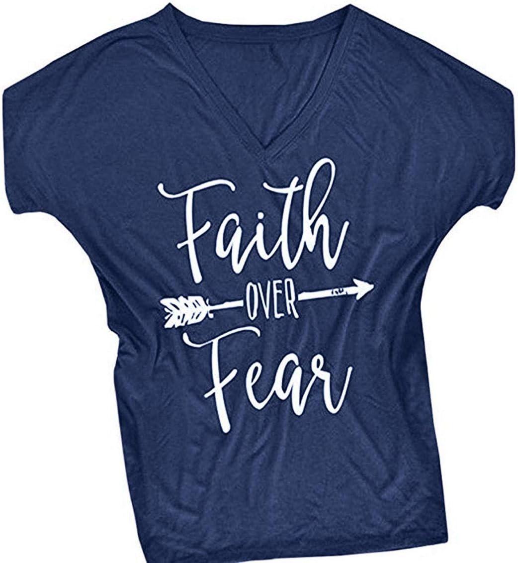 DANVOUY Women's V-Neck Summer Casual Letters Printed T-Shirt Short Sleeves Graphic Tops - Blue