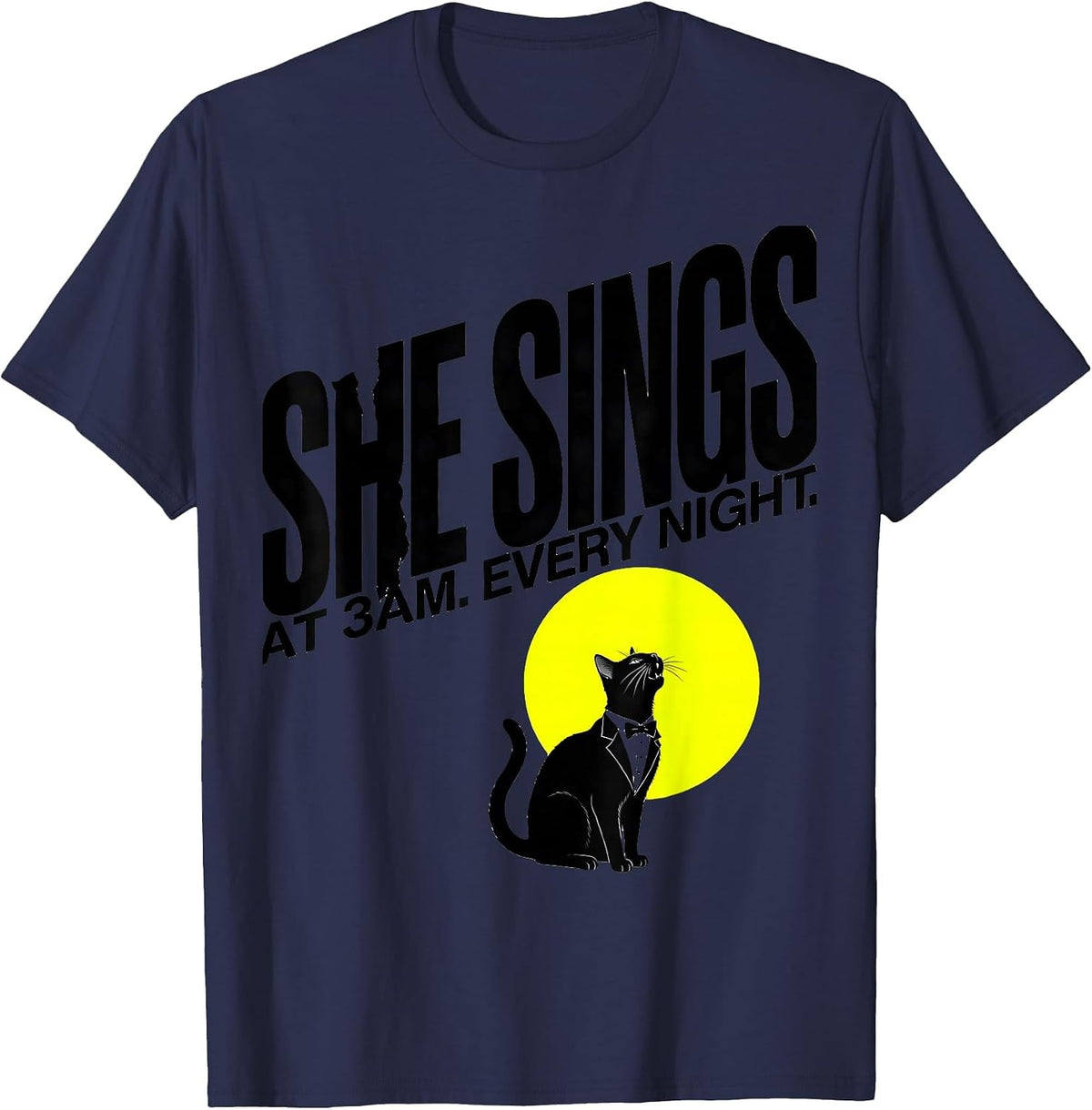 She Sings At 3AM Every Night Tuxedo Cat Howling At Moon 90s T-Shirt - Navy Blue