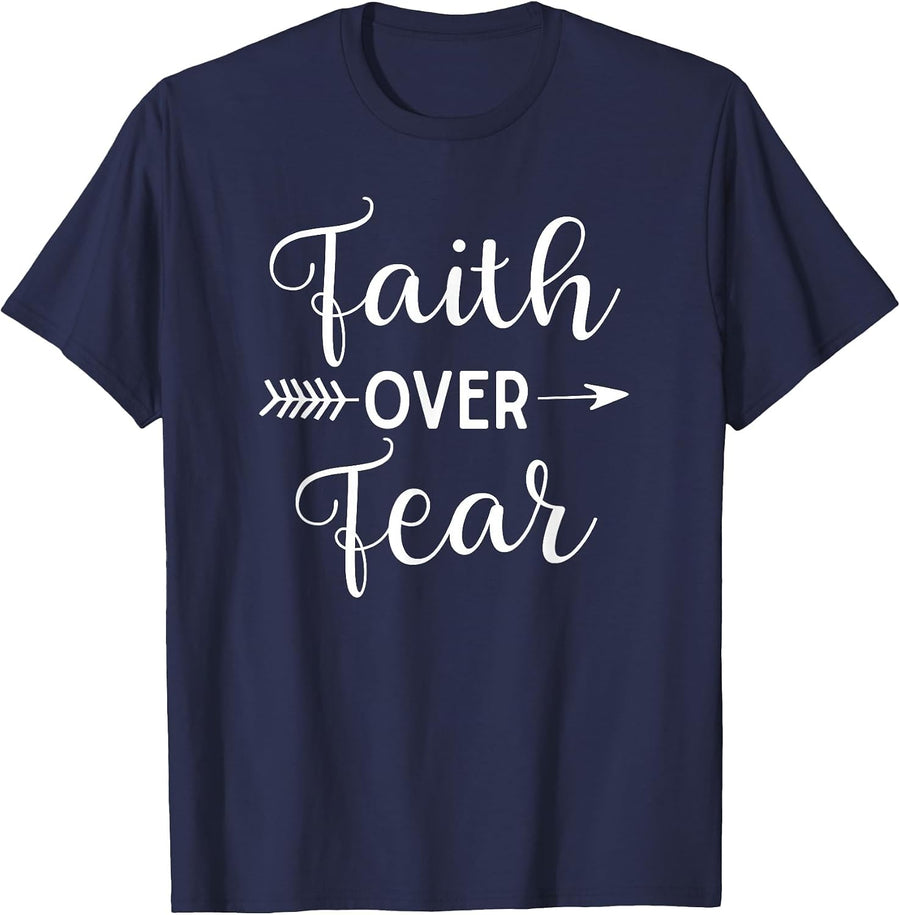 Faith Over Fear Arrow Cute Lettering Inspirational Christian T-Shirt - Navy Blue