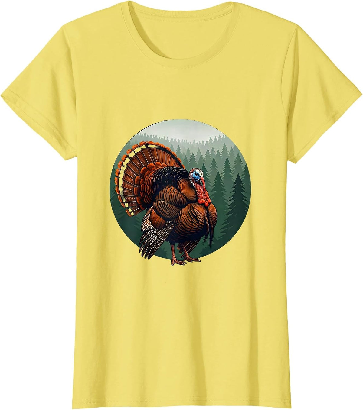 Women's Turkey Strutting Through Pine Forest Illustration T-Shirt - Lemon Yellow