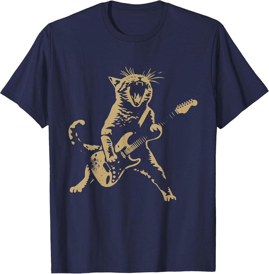 Cat Playing Guitar Rock Star Rock and Roll Men Women Kids T-Shirt - Navy Blue