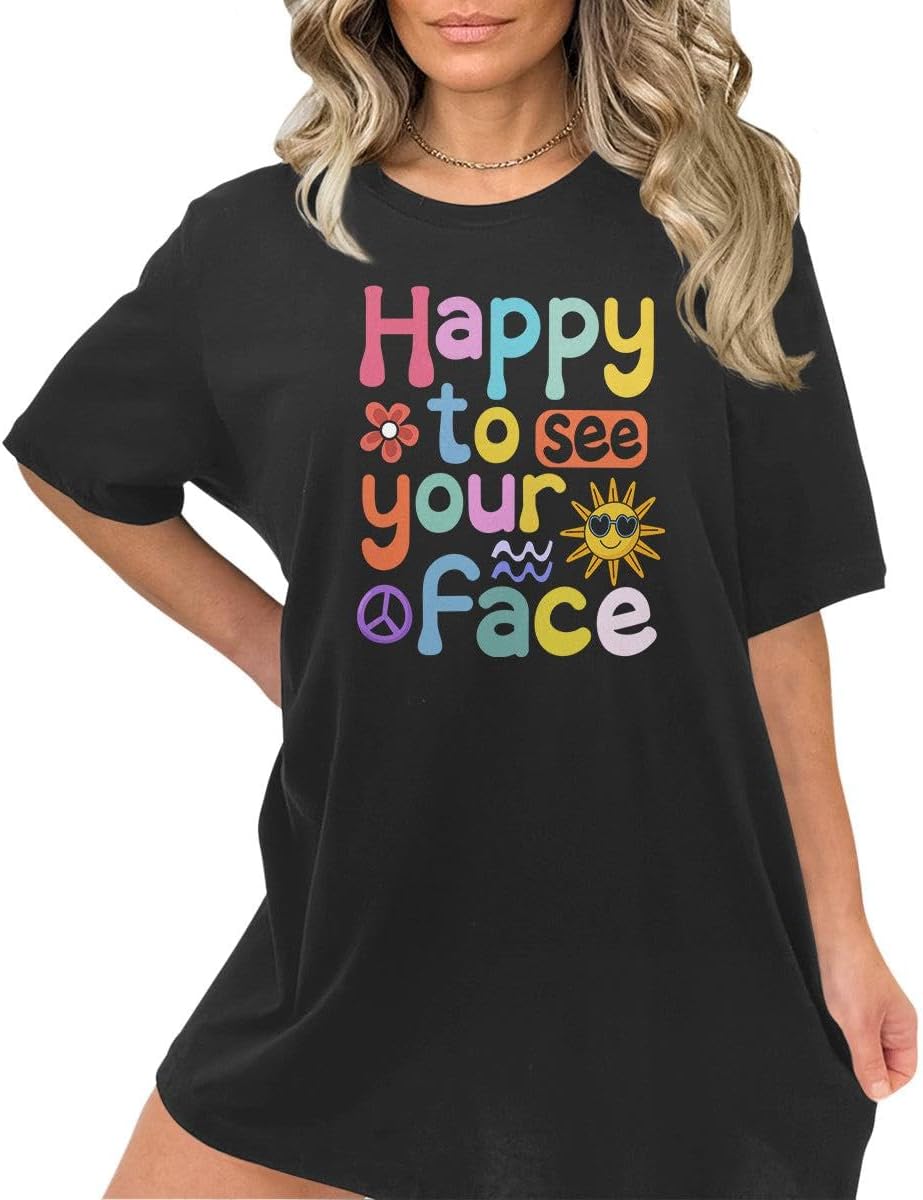 Teacher Shirts Cute Letter Print Graphic Tees for Women Short Sleeve Casual Teaching Tops - Happy Teacher - Black