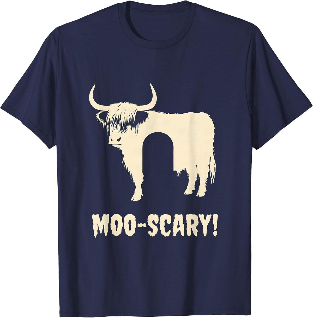 Moo-scary! Whimsical Highland Cow Halloween Humor Novelty T-Shirt - Navy Blue
