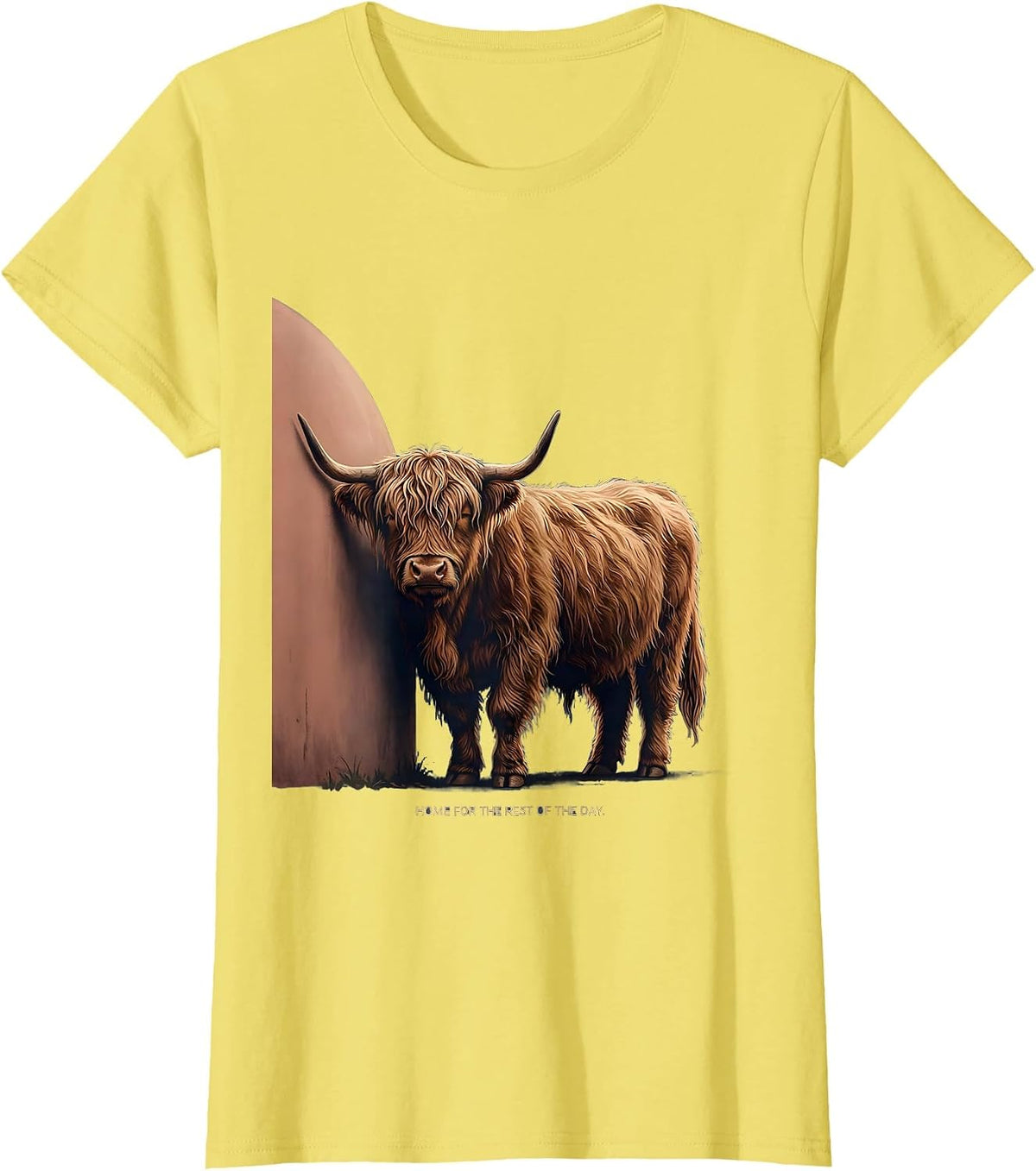 Home For The Rest Of The Day Whimsical Highland Cow Humor T-Shirt - Lemon Yellow