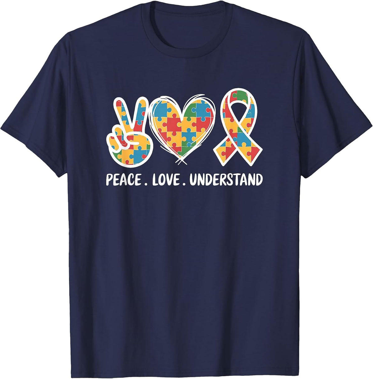 Autism Awareness Peace Love Understand Puzzle Ribbon T-Shirt - Navy Blue