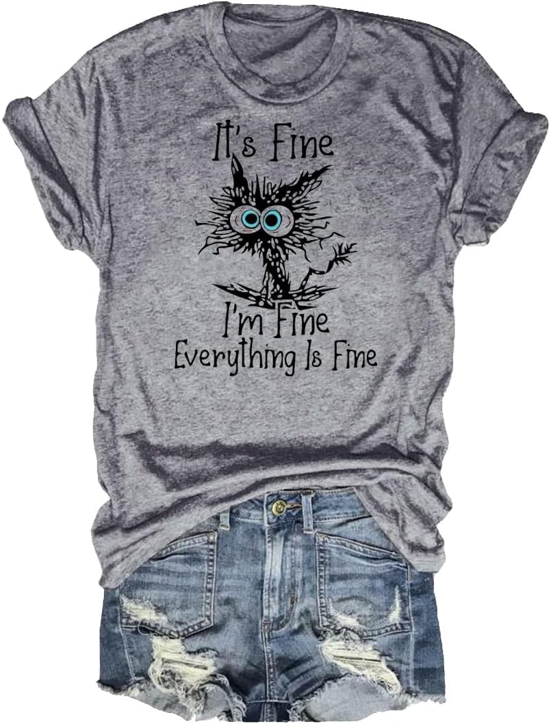 Women's Cat Graphic Tee I'm Fine Everything is Fine Short Sleeve top - 00 Light Grey