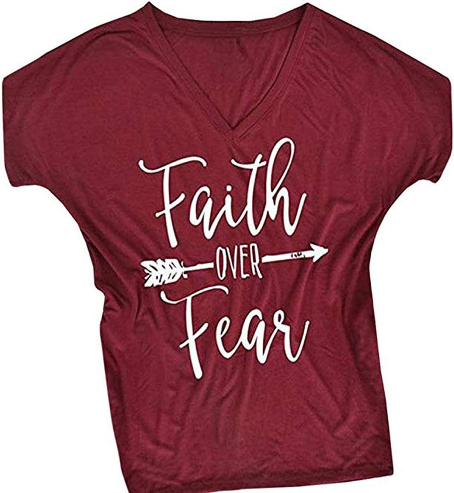 DANVOUY Women's V-Neck Summer Casual Letters Printed T-Shirt Short Sleeves Graphic Tops - Wine Red