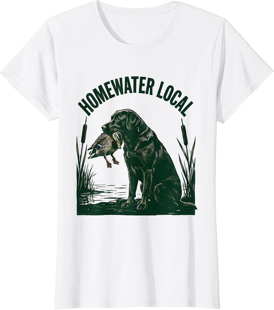 Women's Homewater Local Linocut Labrador Duck Hunting Southern Pride T-Shirt - White