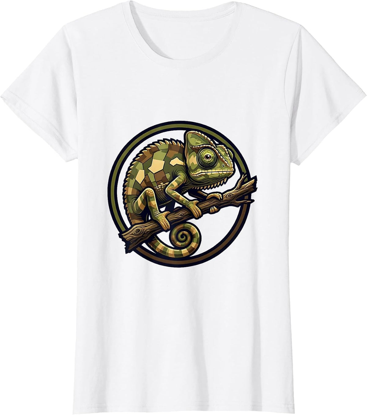 Camouflaged Chameleon on Tree Branch Camo Art T-Shirt - White