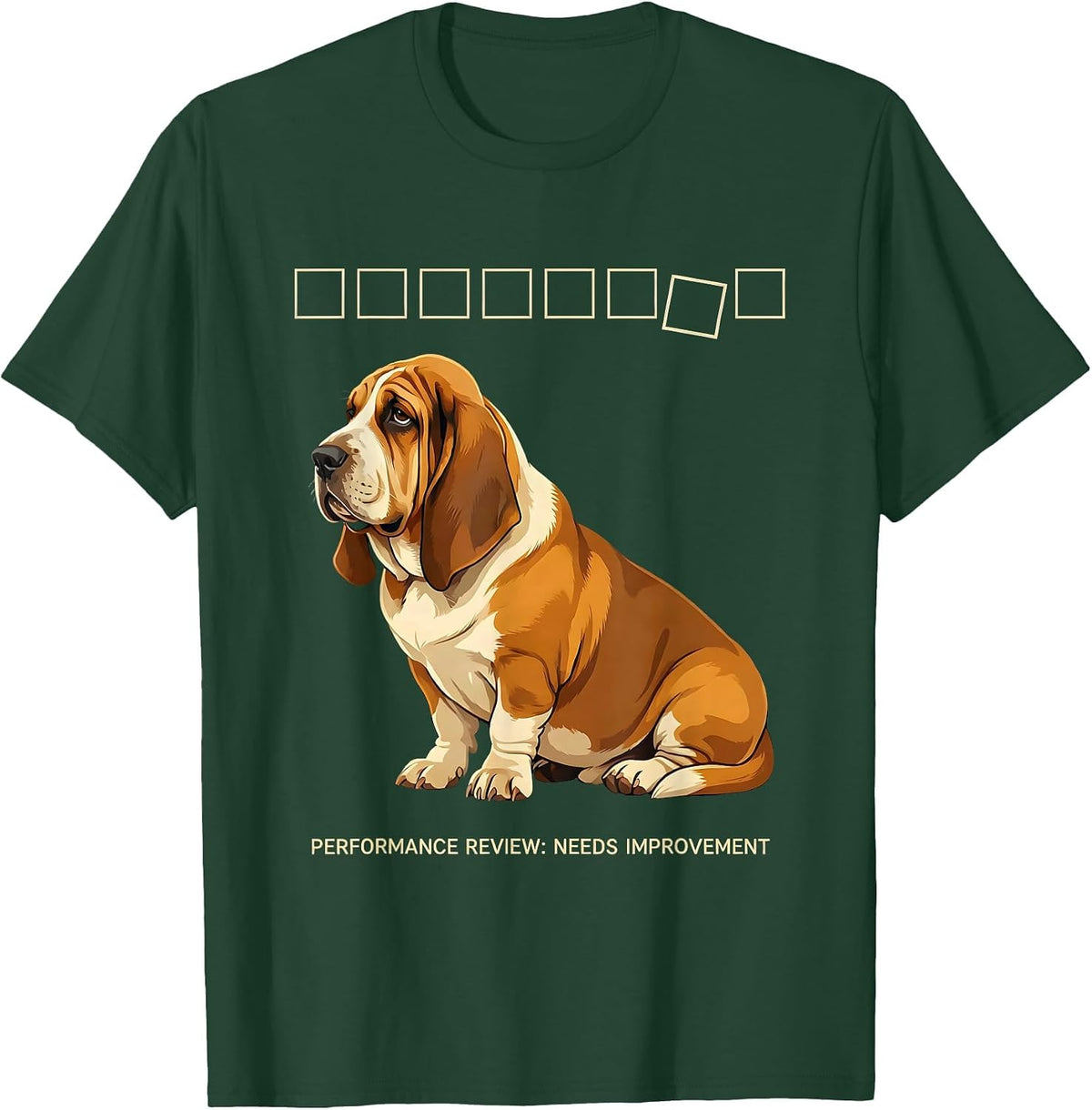 Men's Performance Review Needs Improvement Funny Basset Hound Dog T-Shirt - Dark Green