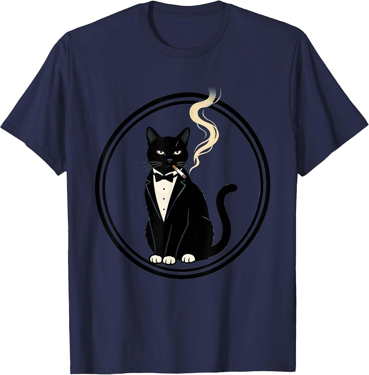 Tuxedo Cat Smoking a Ring of Smoke Art T-Shirt - Navy Blue