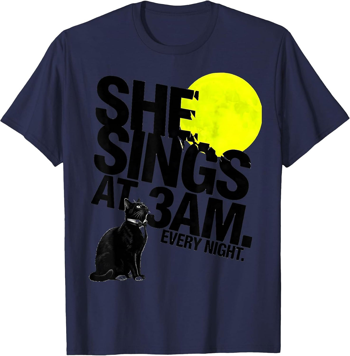 Men's She Sings At 3AM Every Night Tuxedo Cat Howling At Moon 90s T-Shirt - Navy Blue