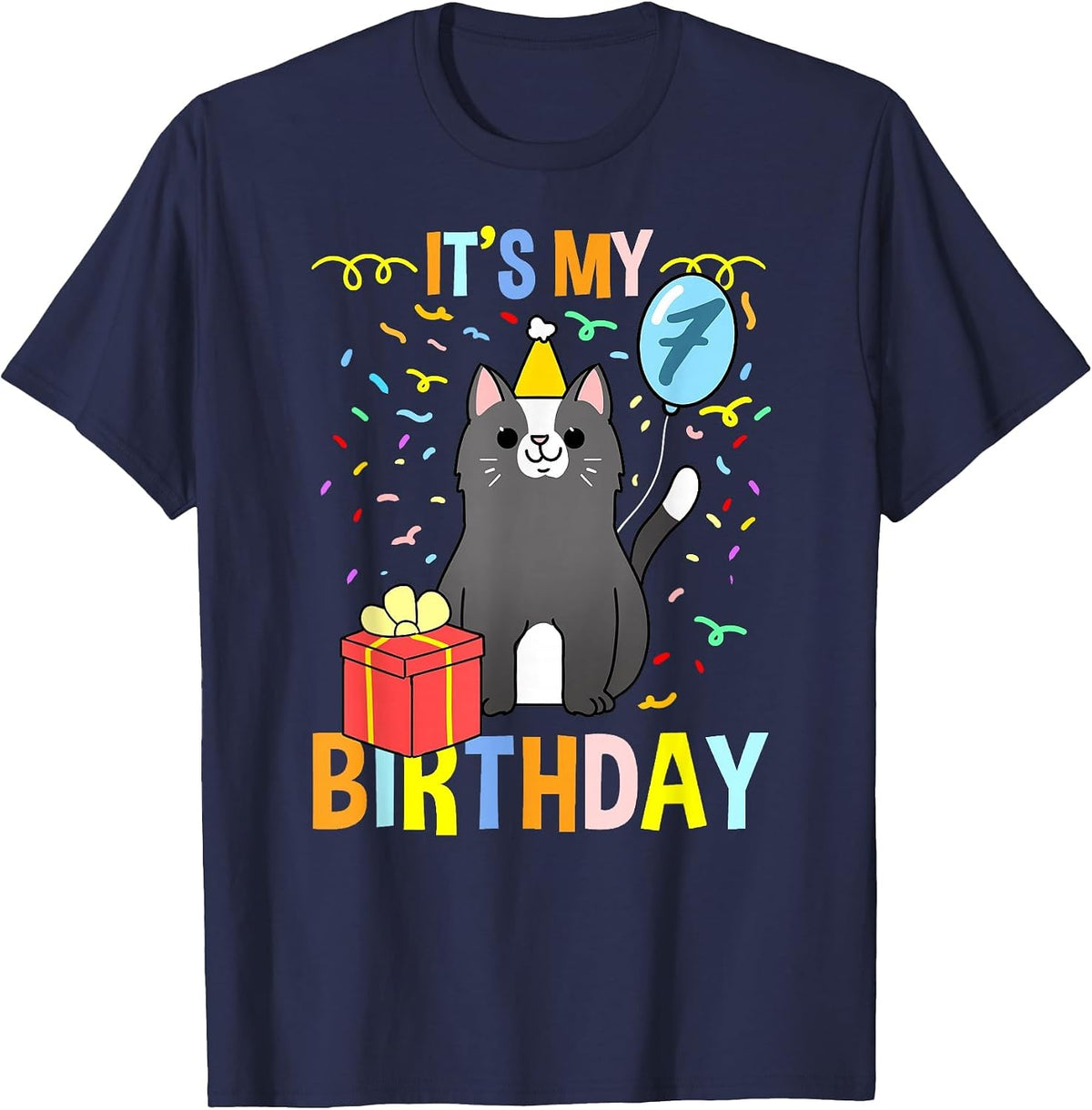 Its My 7th Birthday Tuxedo Cat T-Shirt - Navy Blue