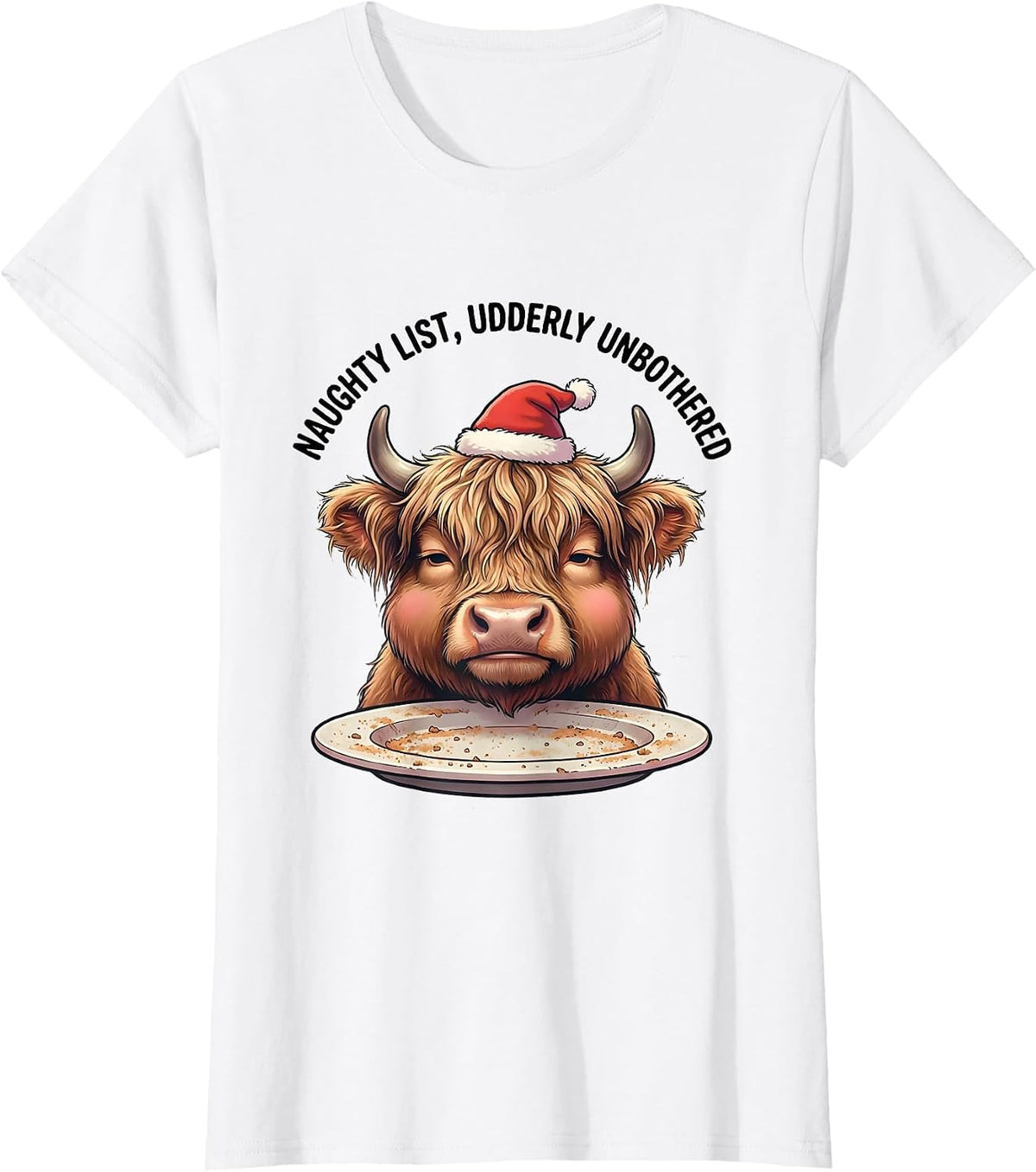 Women's Naughty List, Udderly Unbothered Cute Kawaii Highland Cow T-Shirt - White