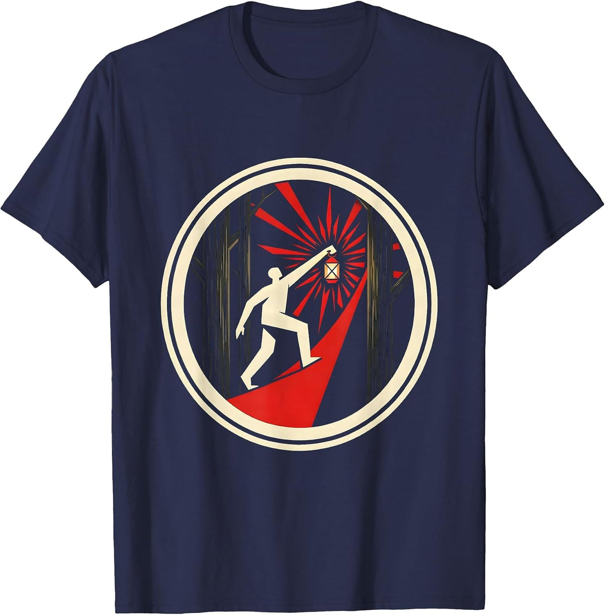 Social Worker Lantern Light in Dark Forest Design T-Shirt - Navy Blue