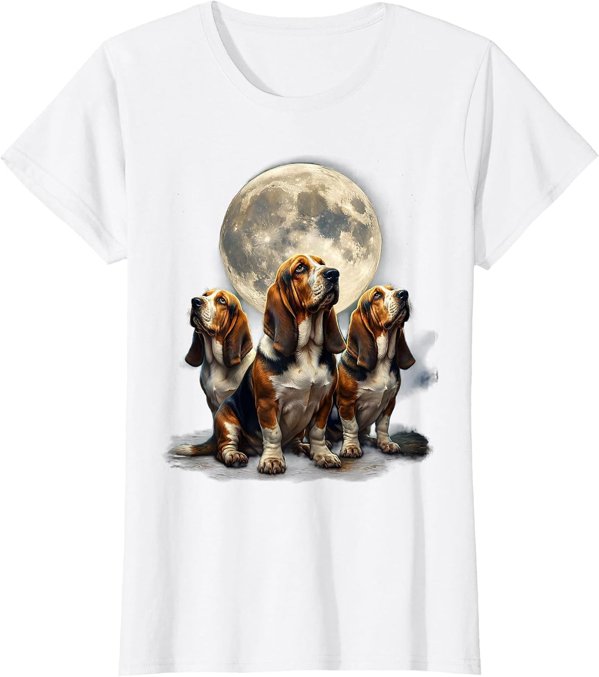 Women's Three Basset Hounds Moon Howling Funny Pet Lover Humor T-Shirt - White