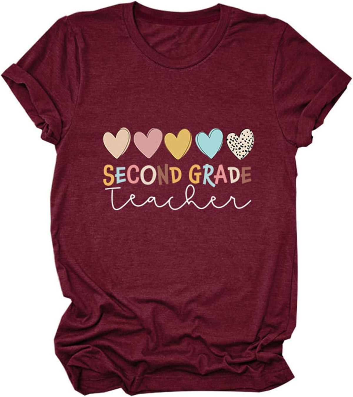 Second Grade Teacher T-Shirt Womens Funny Teacher Gift Shirt Letter Graphic Tees Short Sleeve Summer Crewneck Tops - Wine Red