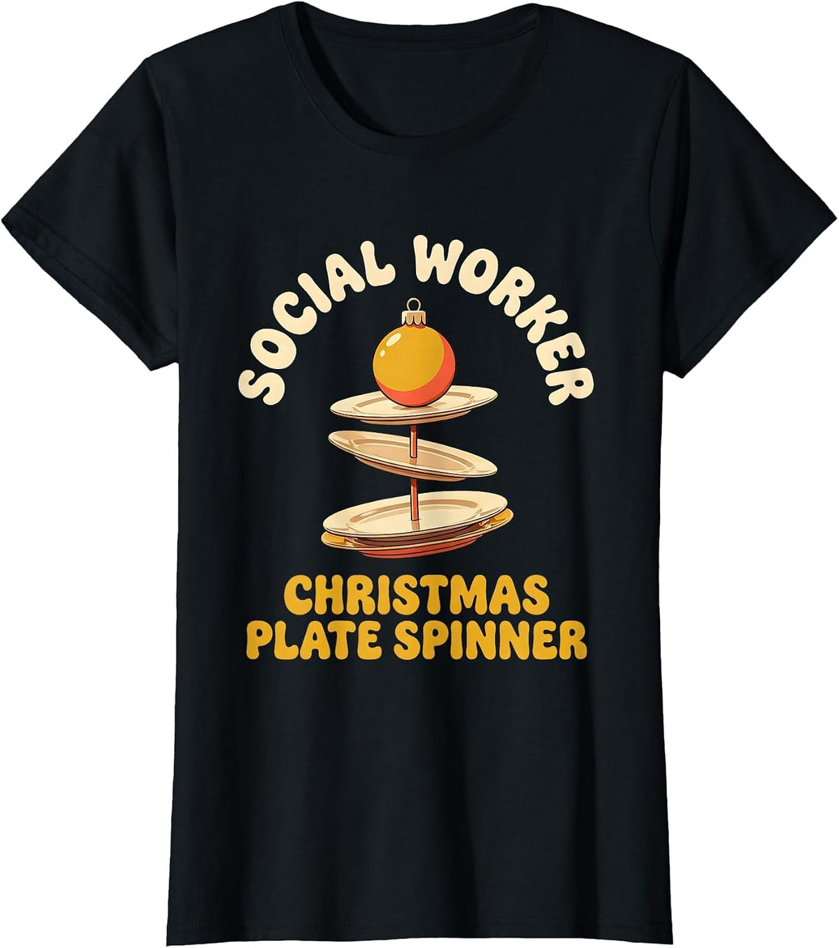 Women's Social Worker, Christmas Plate Spinner Retro Social Work T-Shirt - Black
